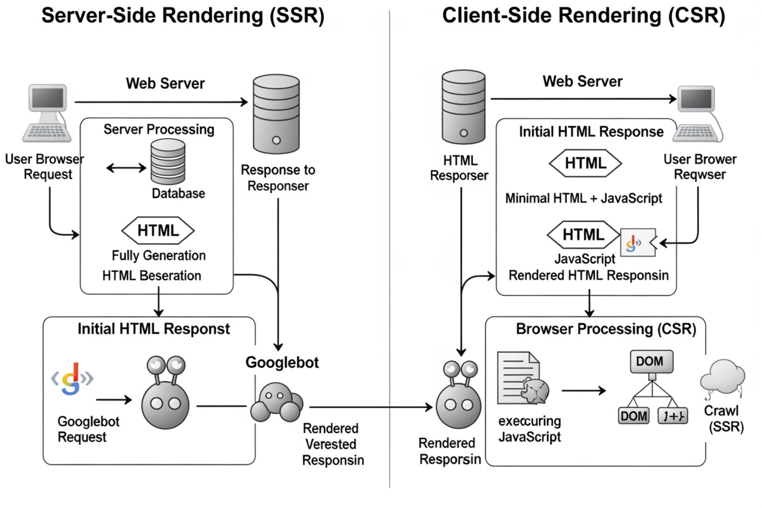Workflow comparison between Server-Side Rendering and Client-Side Rendering showing Googlebot's interaction - google