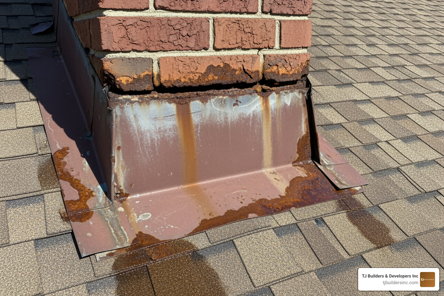 Damaged roof flashing around a chimney showing gaps and rust - roof leak inspection