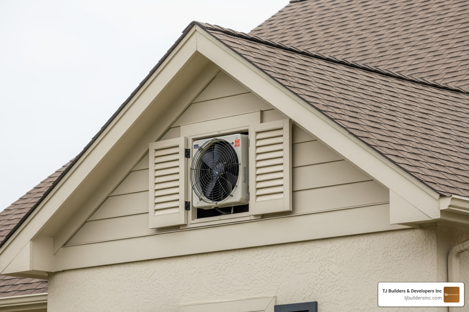 Gable-mounted ventilation system showing the fan unit behind a louvered shutter on an exterior wall - power attic fan