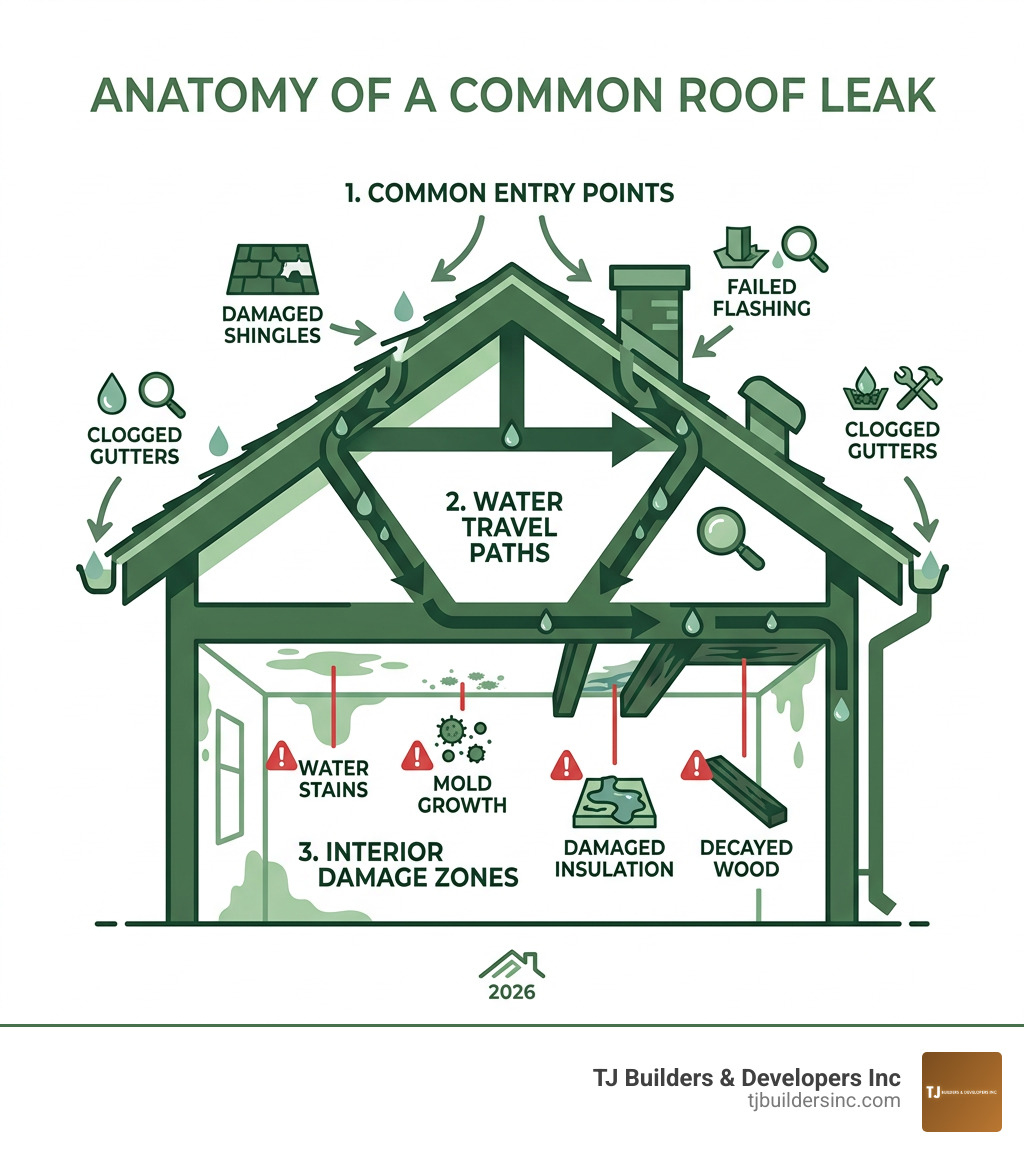 Anatomy of a common roof leak showing entry points, water travel paths, and interior damage zones - roof leak inspection