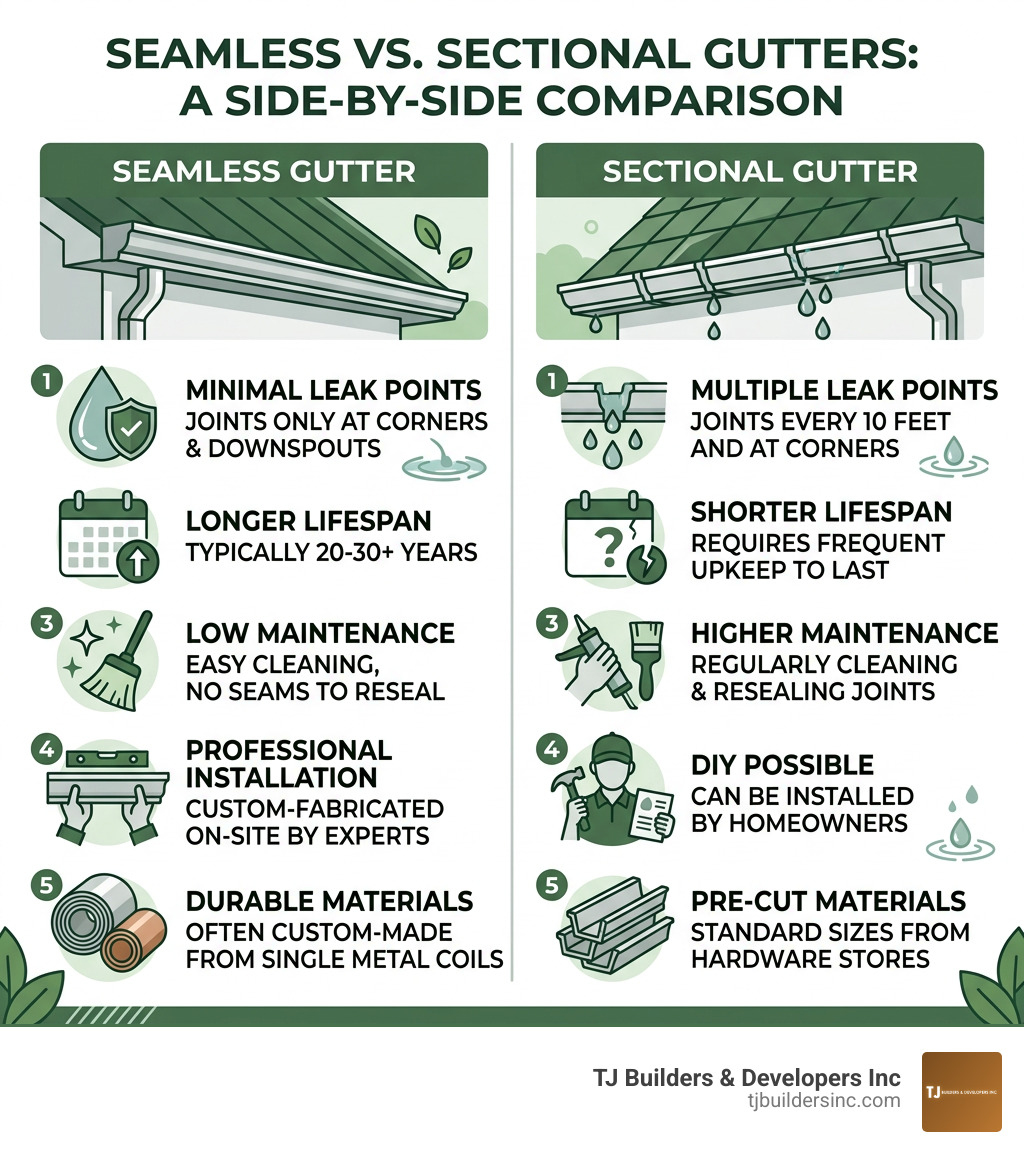 Infographic comparing seamless vs sectional gutters: leak points, lifespan, maintenance, and materials - seamless gutter
