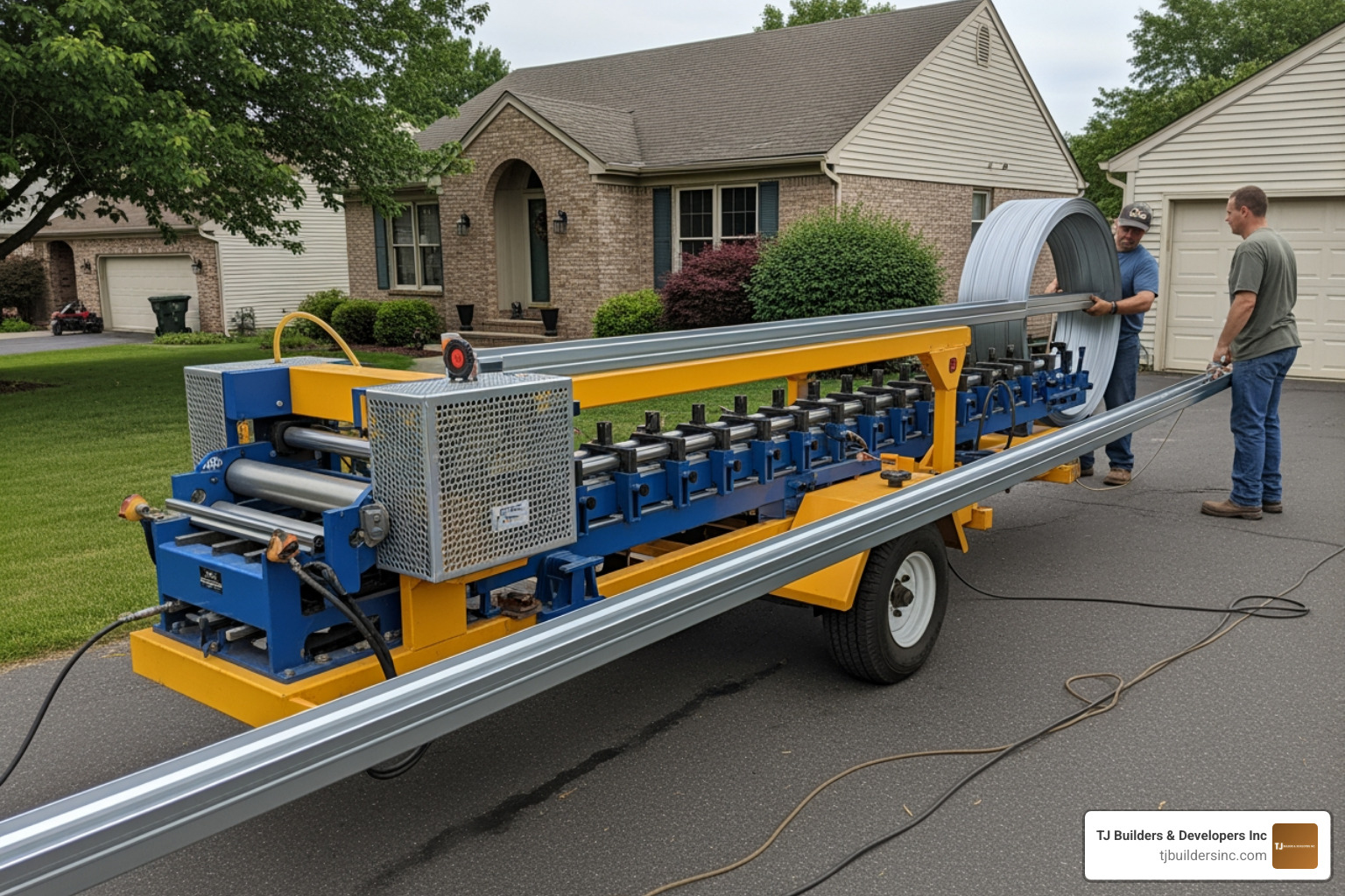 portable roll-forming machine fabricating seamless gutters on-site - seamless gutter