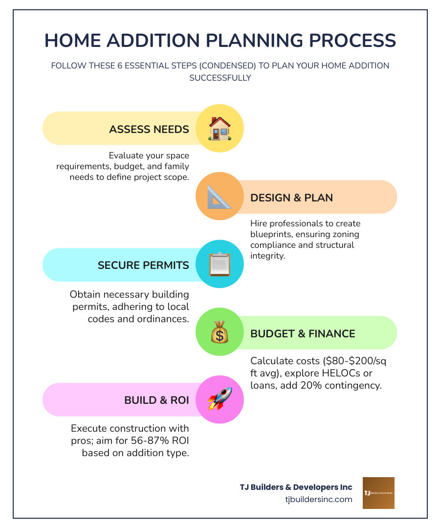 6-step home addition planning process infographic with costs, permits, and ROI - add on addition to home infographic