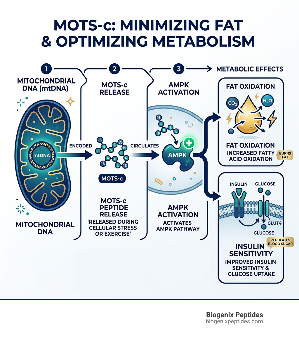 Infographic showing MOTS-c mechanism: mitochondrial DNA → peptide release → AMPK activation → fat oxidation and insulin