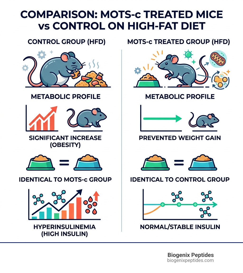 Comparison of MOTS-c treated mice vs control on high-fat diet - mots c peptide fat burning infographic 