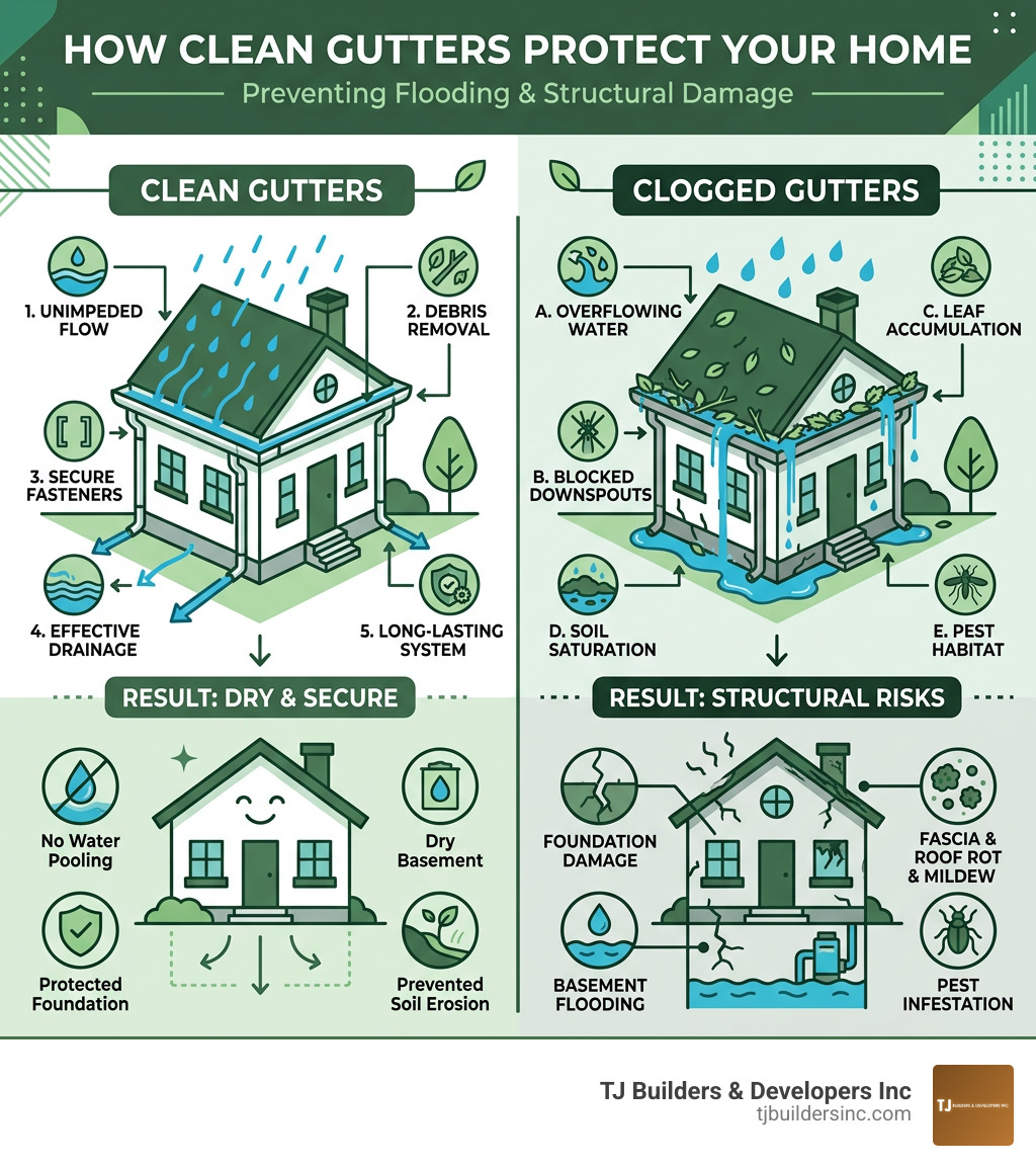 Infographic showing how clean gutters direct water away from foundation, preventing flooding and structural damage - gutter Infographic showing how clean gutters direct water away from foundation, preventing flooding and structural damage - gutter