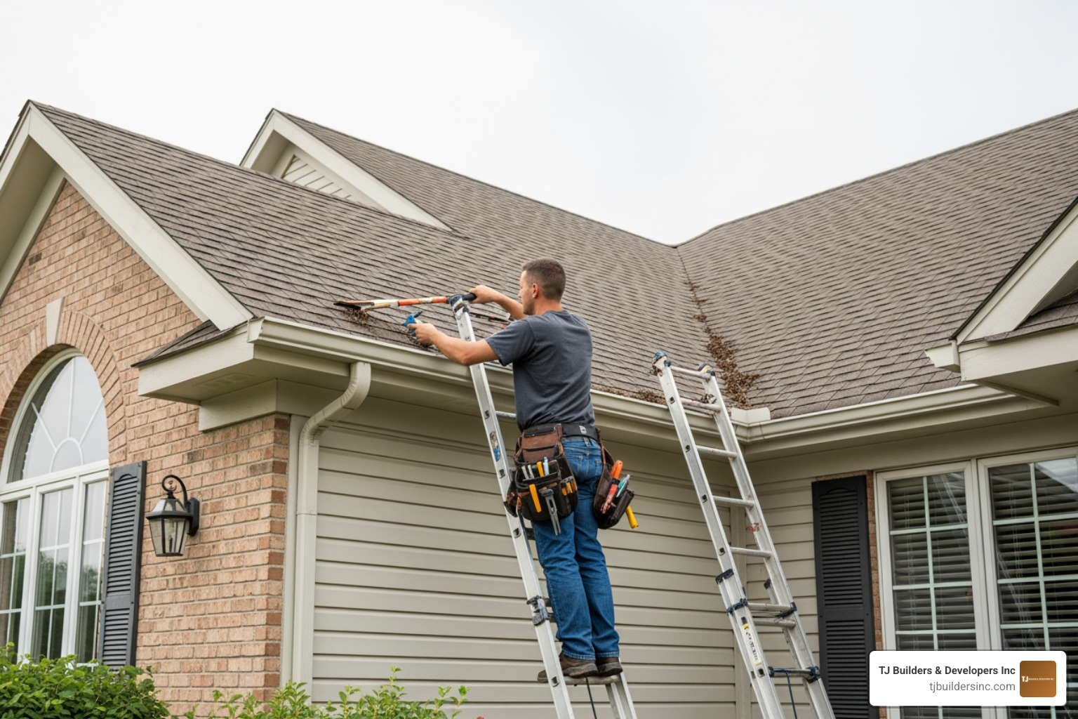 Professional contractor performing a detailed gutter inspection and clearing debris from a residential roofline - gutter Professional contractor performing a detailed gutter inspection and clearing debris from a residential roofline - gutter