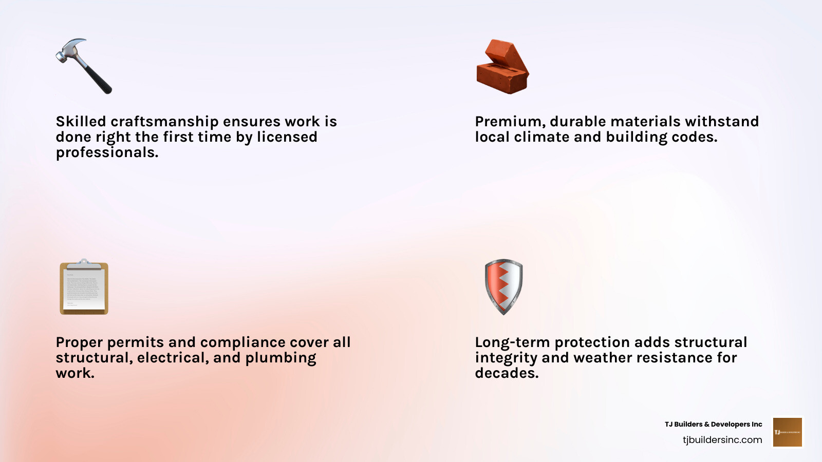 Infographic: 5 pillars of quality home remodeling — craftsmanship, materials, permits, project management, and long-term