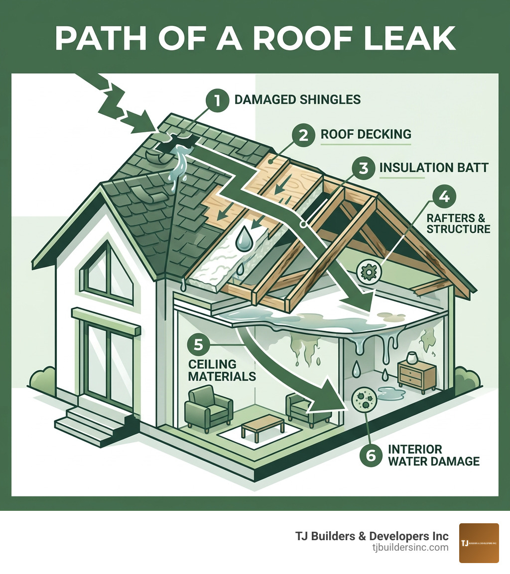 Infographic showing the path of a roof leak from damaged shingles through roof deck, insulation, rafters, and ceiling to