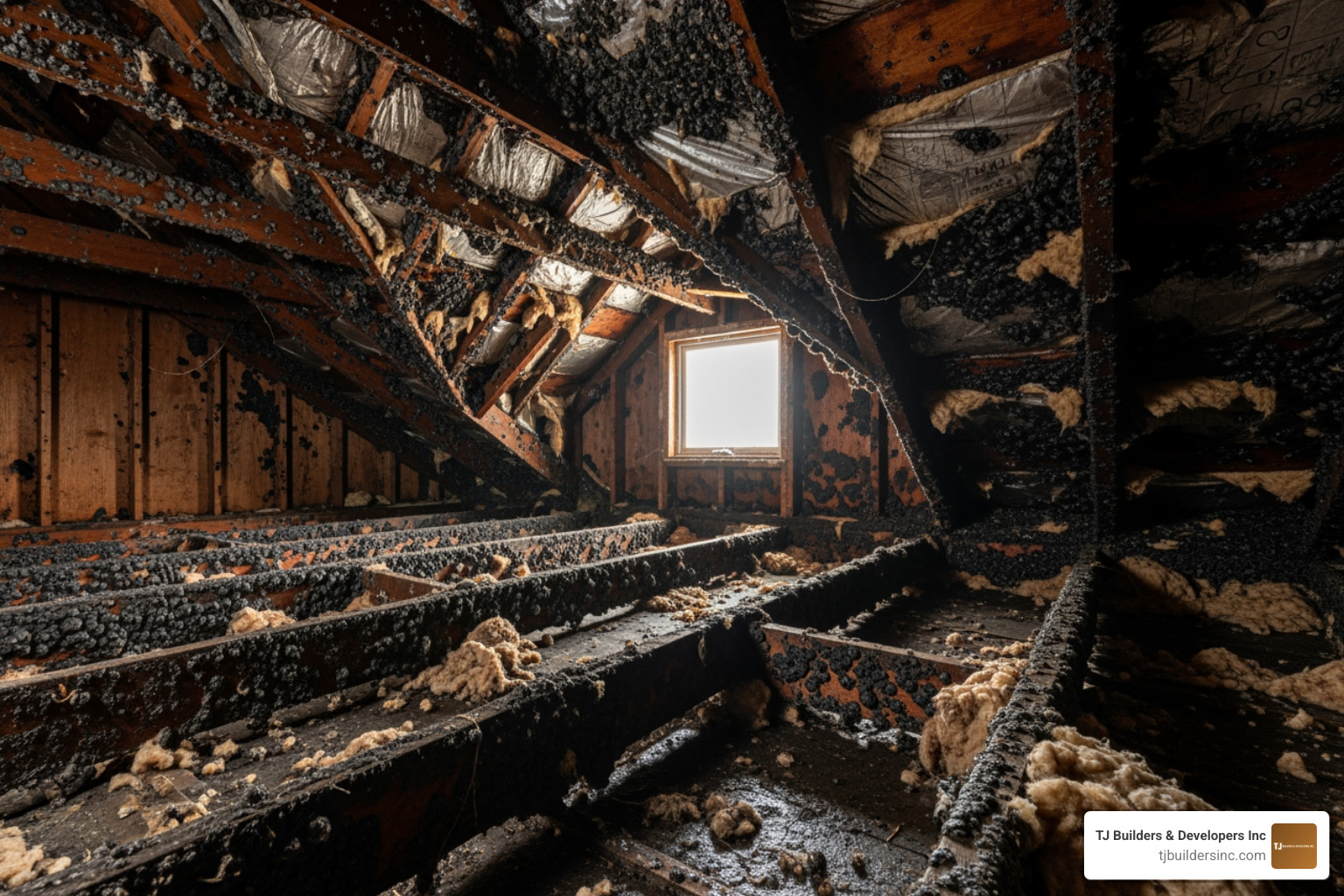 mold growth in an attic space caused by a hidden roof leak - water damage roof restoration