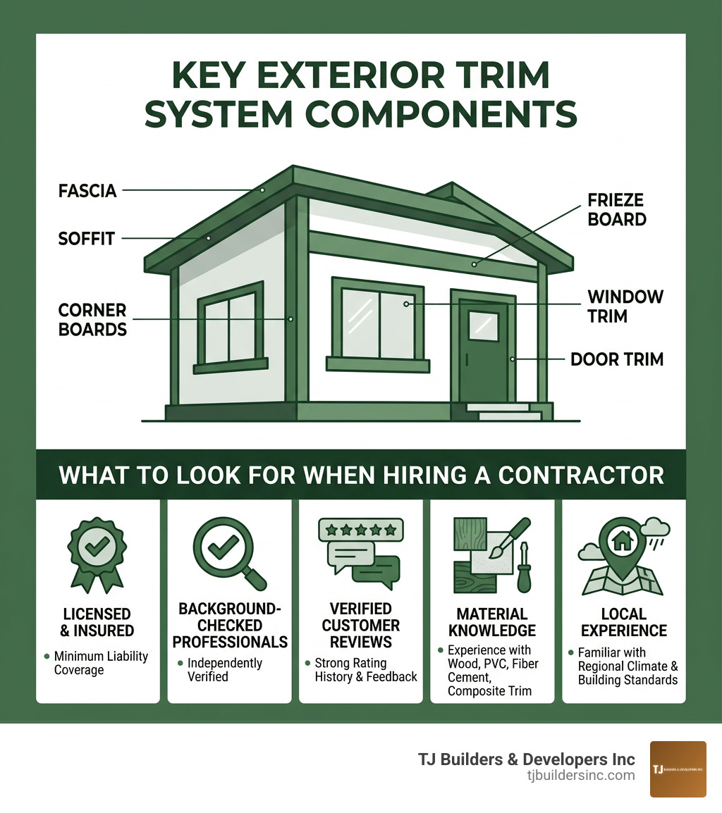 Infographic showing key components of a home exterior trim system and what to look for when hiring a contractor - exterior Infographic showing key components of a home exterior trim system and what to look for when hiring a contractor - exterior