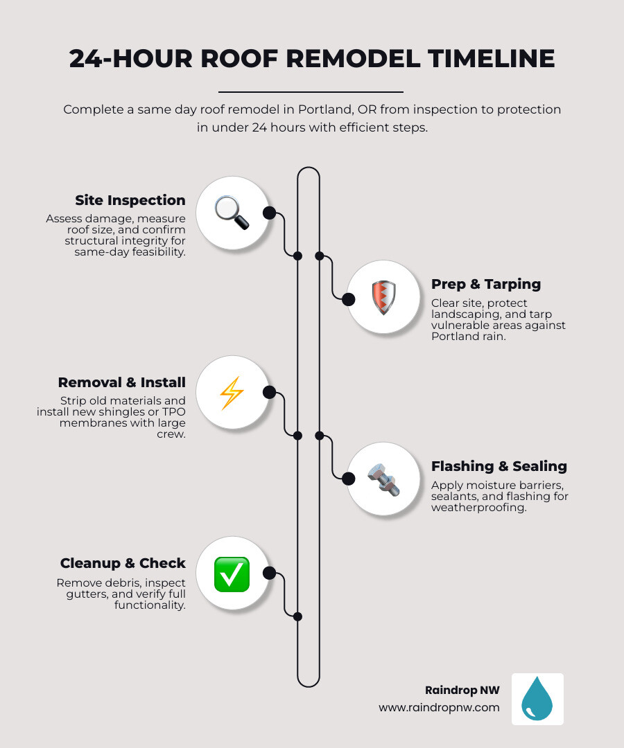 Infographic showing 24-hour roof remodel timeline steps from inspection to completion in Portland OR - same day roof
