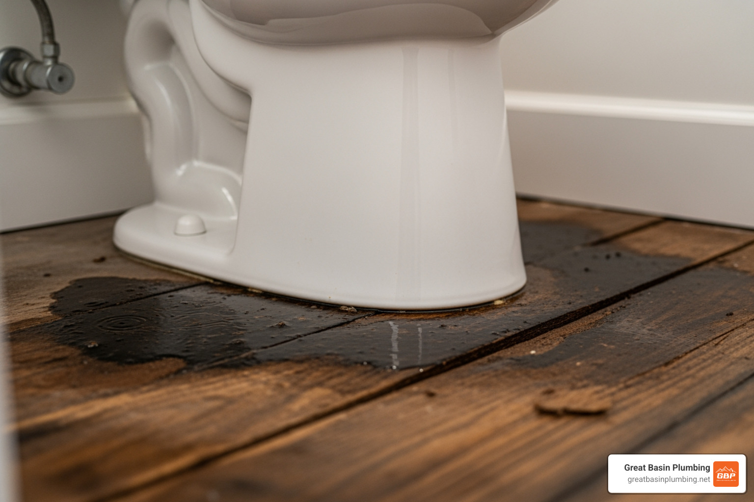 water damage on bathroom floor around a leaking toilet base - magna leaking toilet service