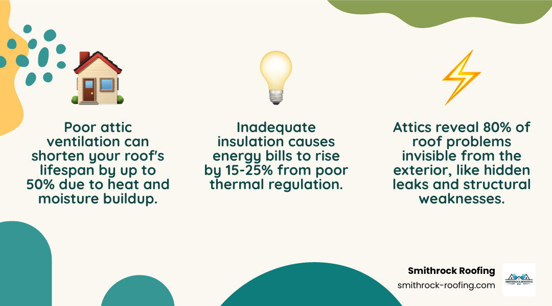 Infographic showing the connection between roof health and attic conditions including ventilation, insulation, and moisture