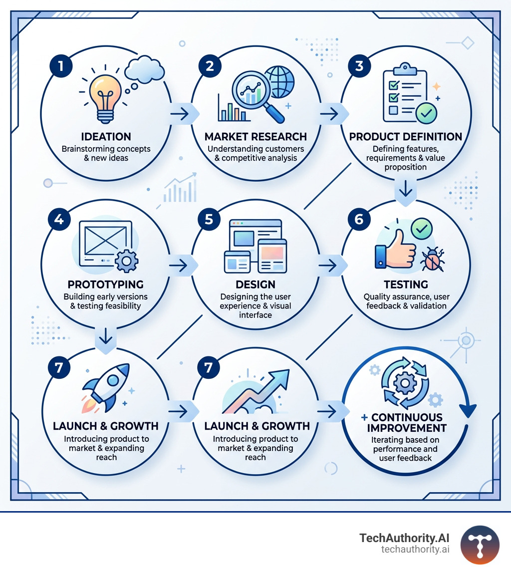 Infographic showing the 7 stages of product development from ideation to continuous improvement - product development
