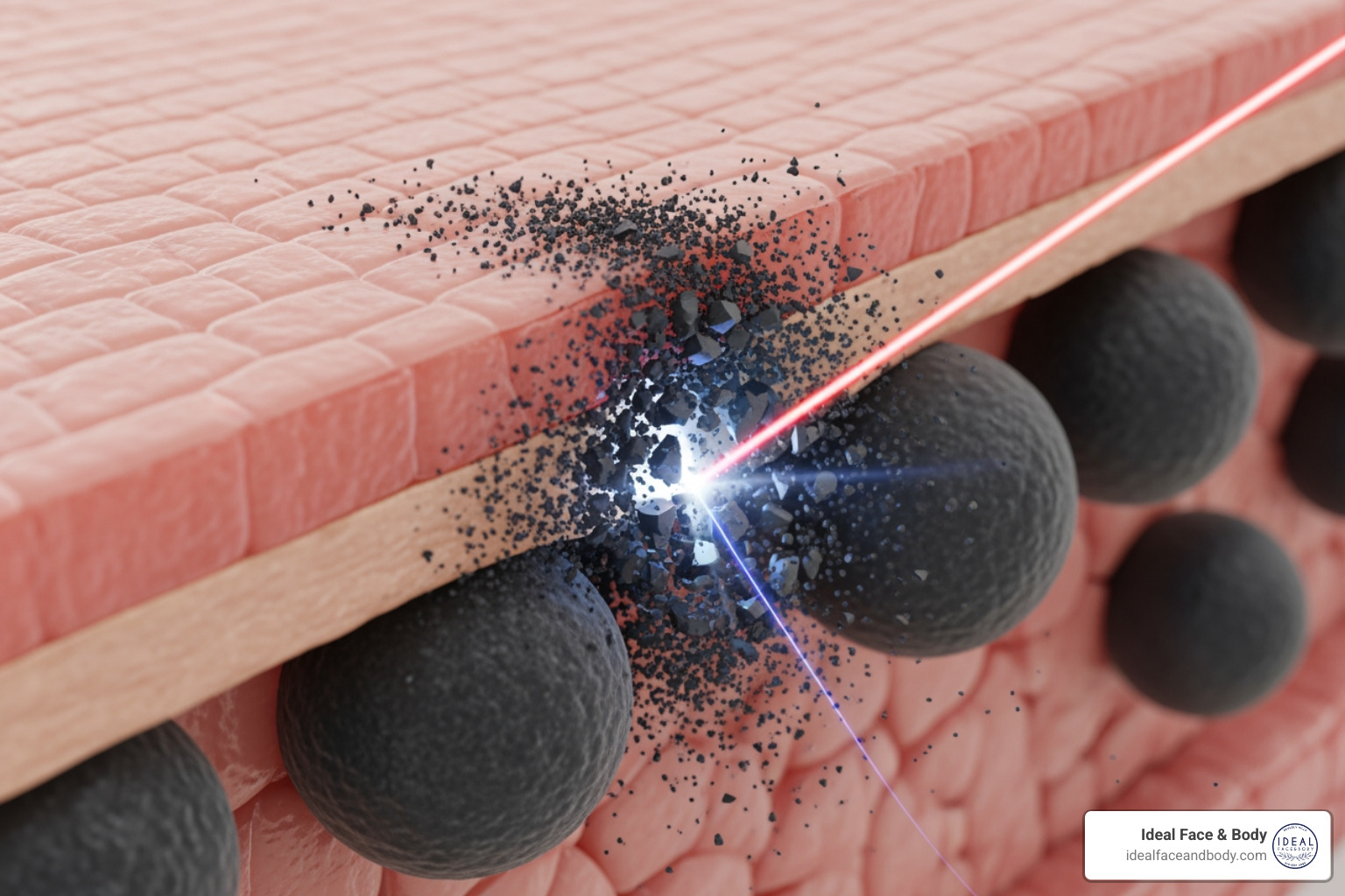 Tattoo ink particles shattering into dust under laser impact - pico laser for tattoo removal Tattoo ink particles shattering into dust under laser impact - pico laser for tattoo removal