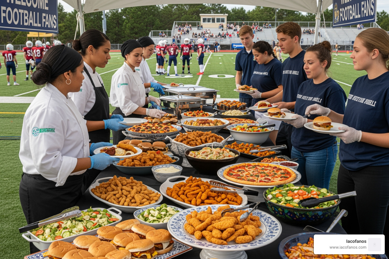 Food truck service at a high school football stadium providing diverse meal options - high school football catering Food truck service at a high school football stadium providing diverse meal options - high school football catering