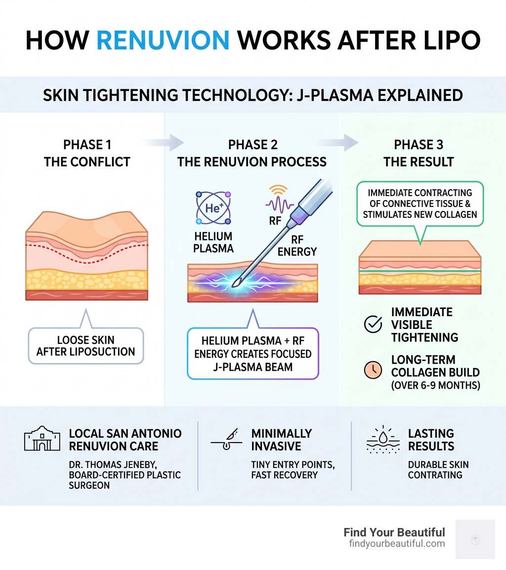Infographic showing how Renuvion J-Plasma combines helium plasma and RF energy to tighten skin after lipo - san antonio