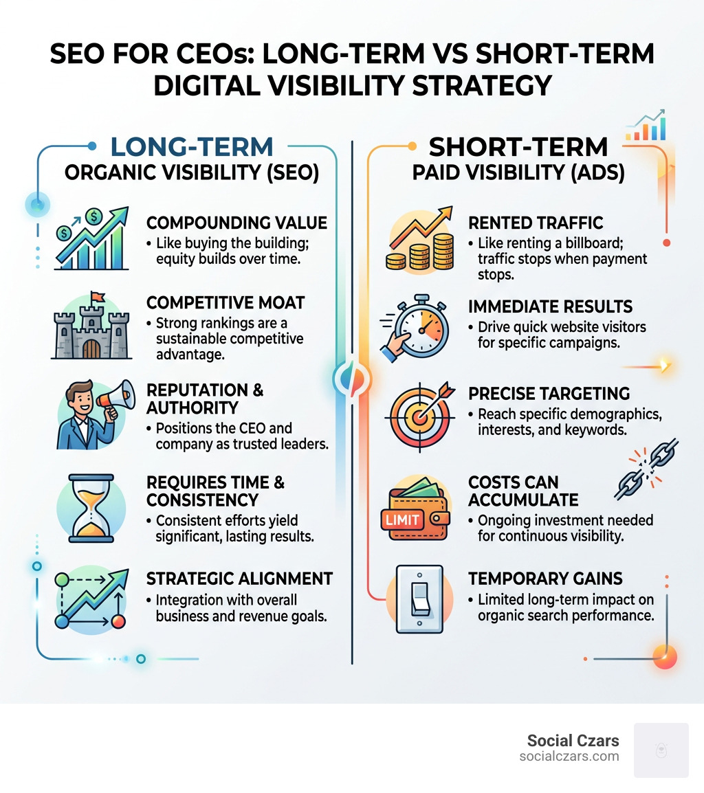 SEO for CEOs: long-term vs short-term digital visibility strategy infographic - SEO for CEOs infographic 