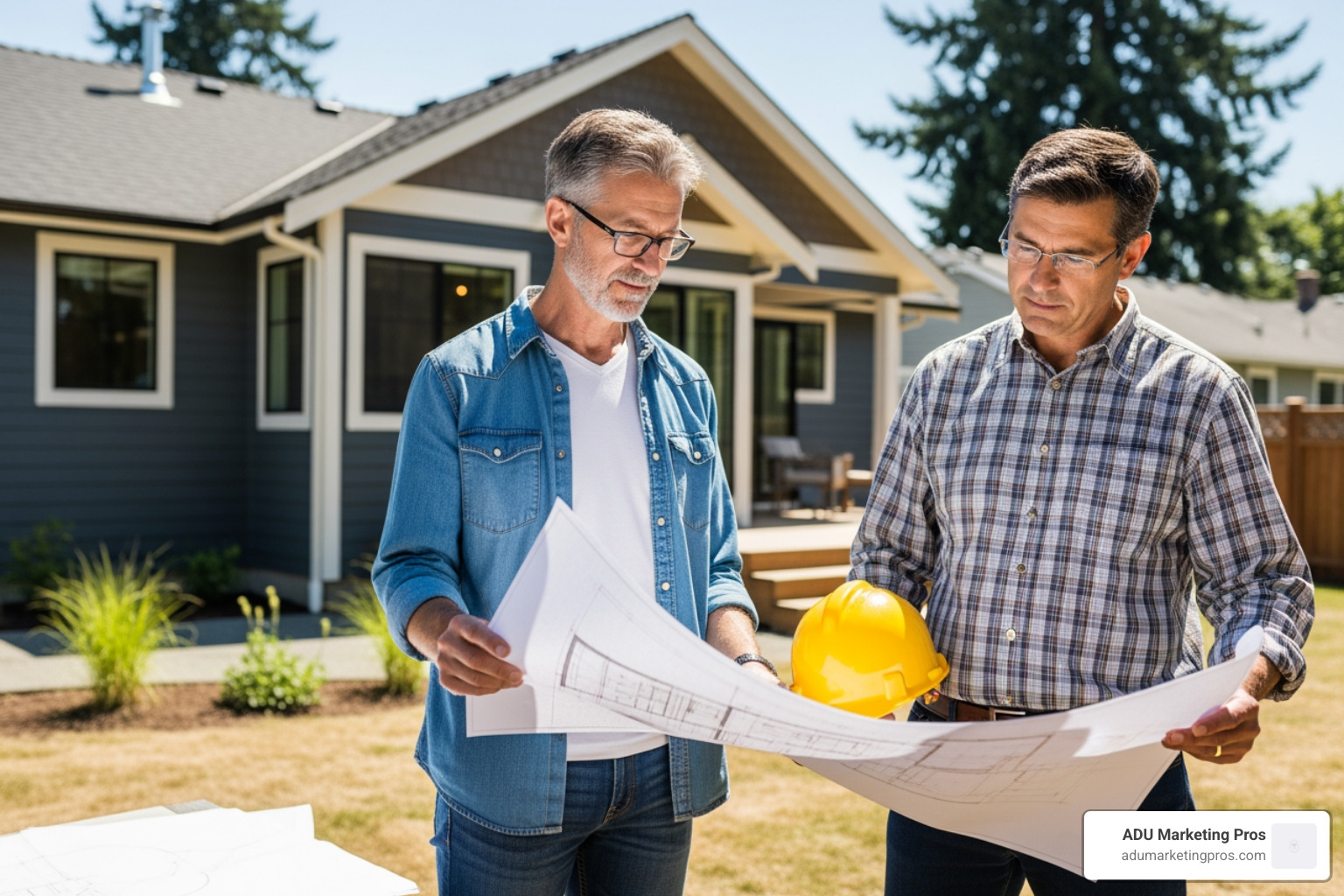 Homeowner reviewing architectural blueprints with a contractor for a new ADU project - adu grant program washington state