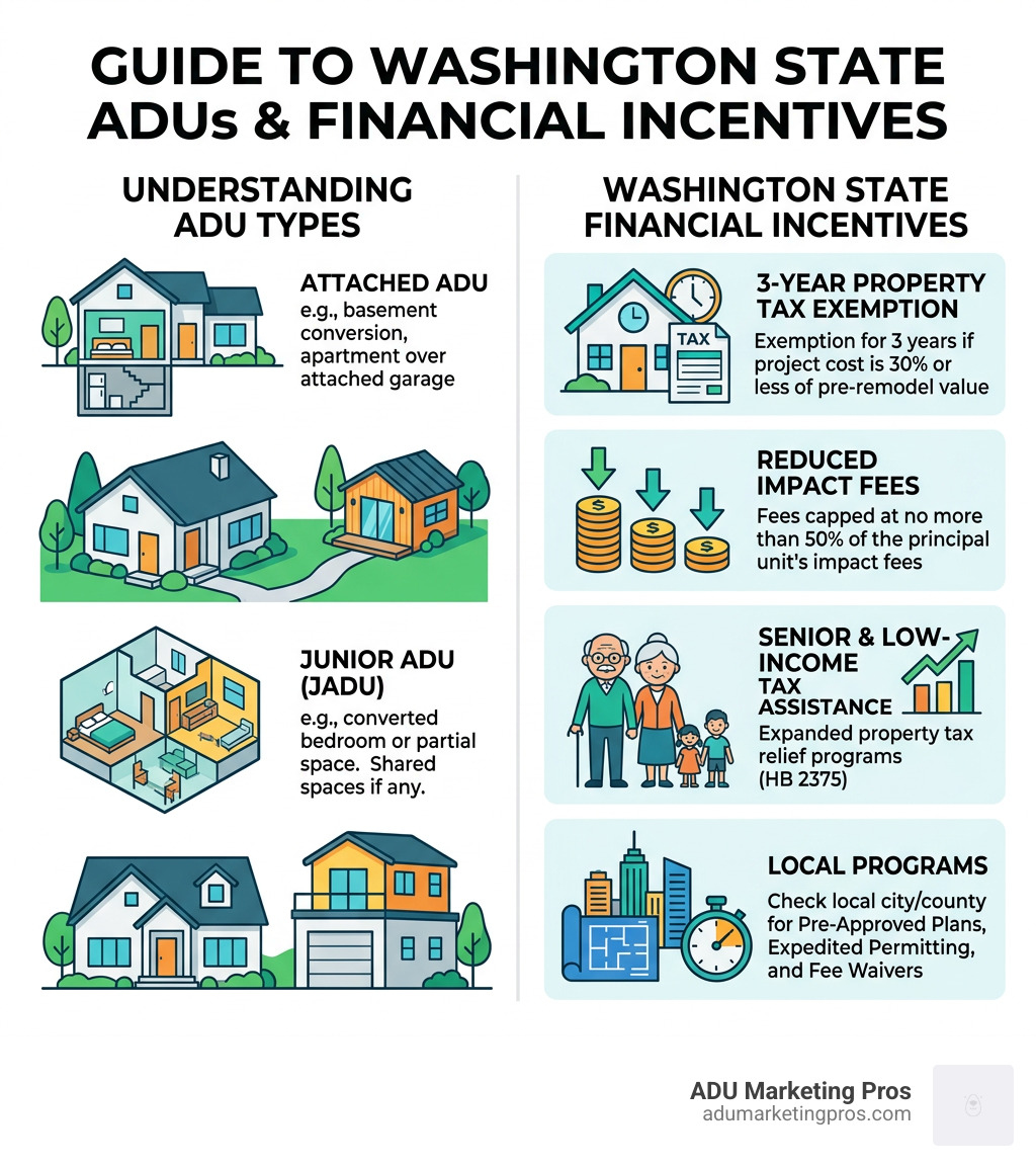 Infographic showing ADU types and Washington State financial incentives including tax exemptions and impact fee caps - adu