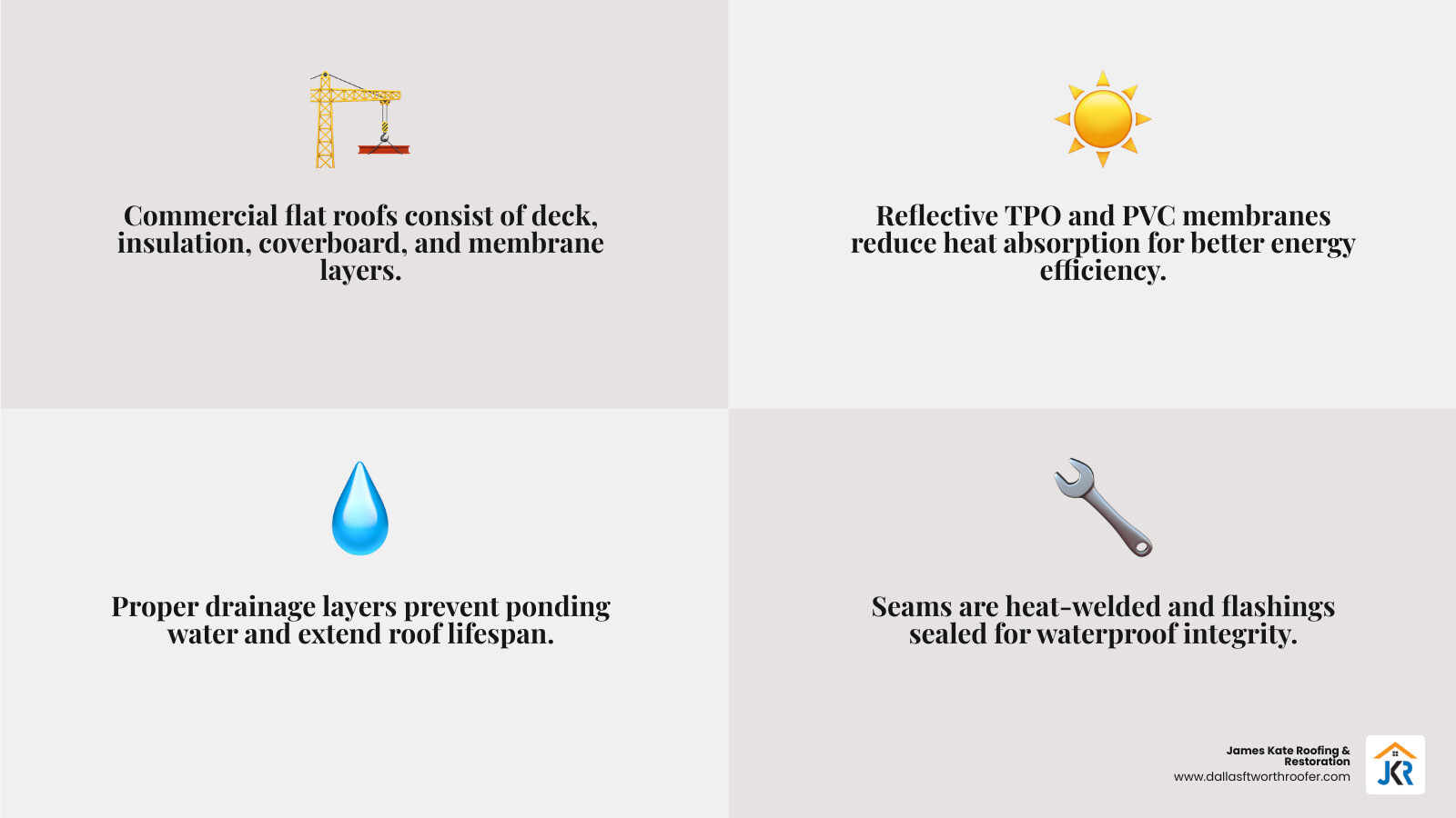 Infographic showing layers of a commercial flat roofing system including deck, insulation, membrane types, and drainage Infographic showing layers of a commercial flat roofing system including deck, insulation, membrane types, and drainage