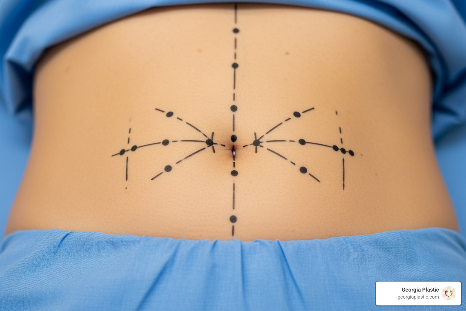 Surgical markings on an abdomen showing symmetry and planned umbilical placement - umbilicoplasty Surgical markings on an abdomen showing symmetry and planned umbilical placement - umbilicoplasty