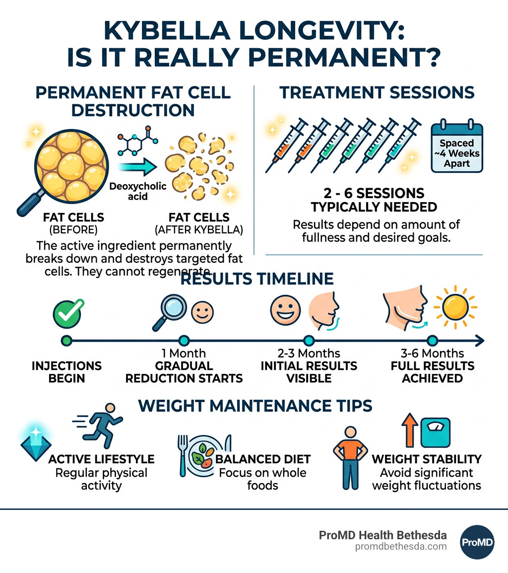 Infographic showing Kybella longevity: permanent fat cell destruction, 2-6 sessions, results timeline, and weight Infographic showing Kybella longevity: permanent fat cell destruction, 2-6 sessions, results timeline, and weight