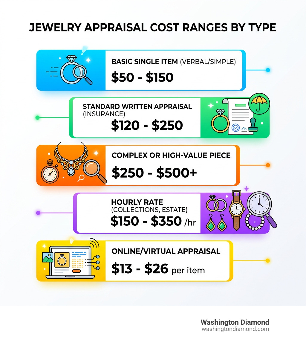 Infographic showing jewelry appraisal cost ranges by type: basic $50-$150, insurance $120-$250, complex $250-$500+, hourly