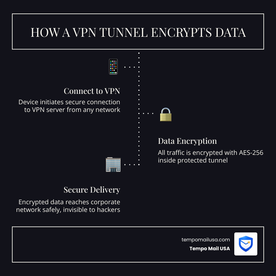Infographic showing how a VPN tunnel encrypts data between a remote device and a corporate network - corporate vpn data Infographic showing how a VPN tunnel encrypts data between a remote device and a corporate network - corporate vpn data