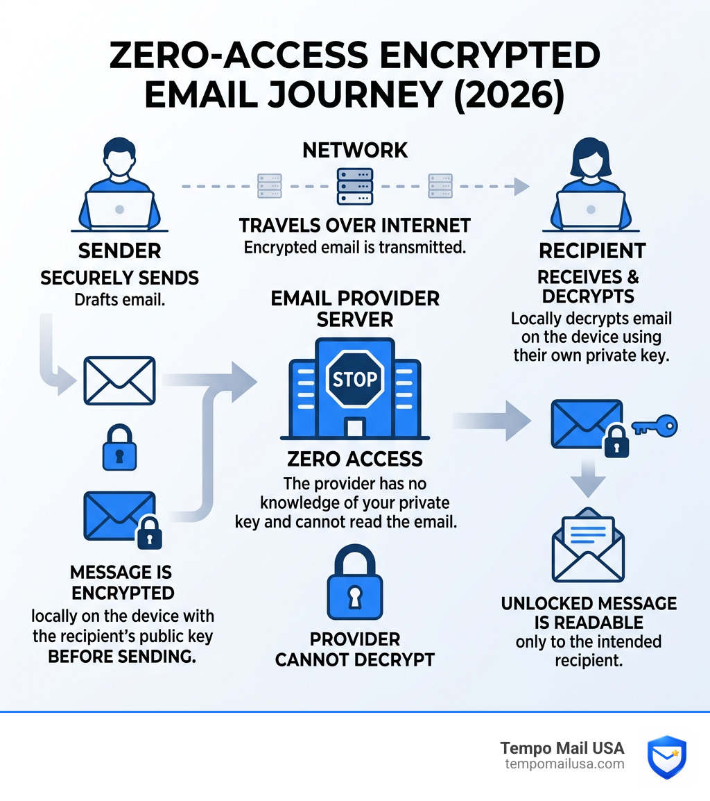 Infographic showing how an encrypted email travels from sender to recipient with zero provider access - best private email Infographic showing how an encrypted email travels from sender to recipient with zero provider access - best private email