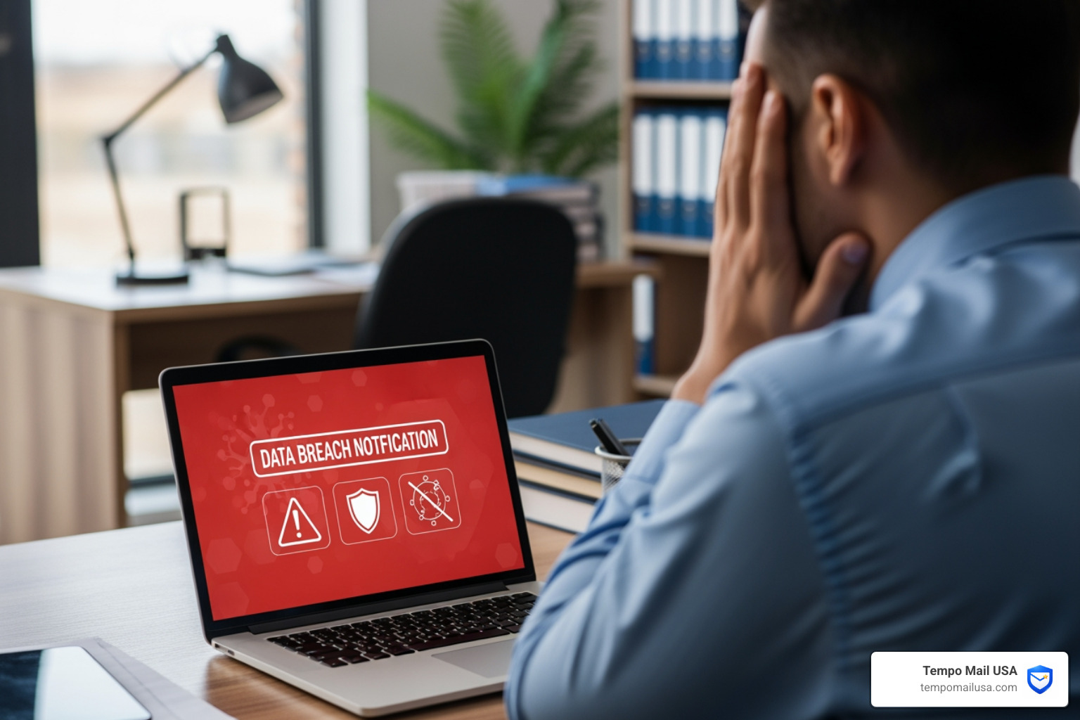 Small business owner facing a data breach notification on a laptop screen - best business antivirus 2024 Small business owner facing a data breach notification on a laptop screen - best business antivirus 2024