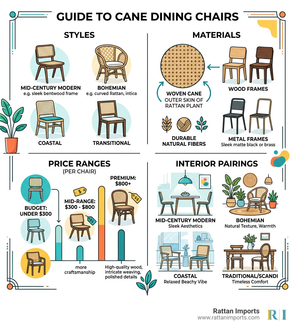 infographic showing cane dining chair styles, materials, price ranges, and interior pairings - cane dining chairs infographic showing cane dining chair styles, materials, price ranges, and interior pairings - cane dining chairs