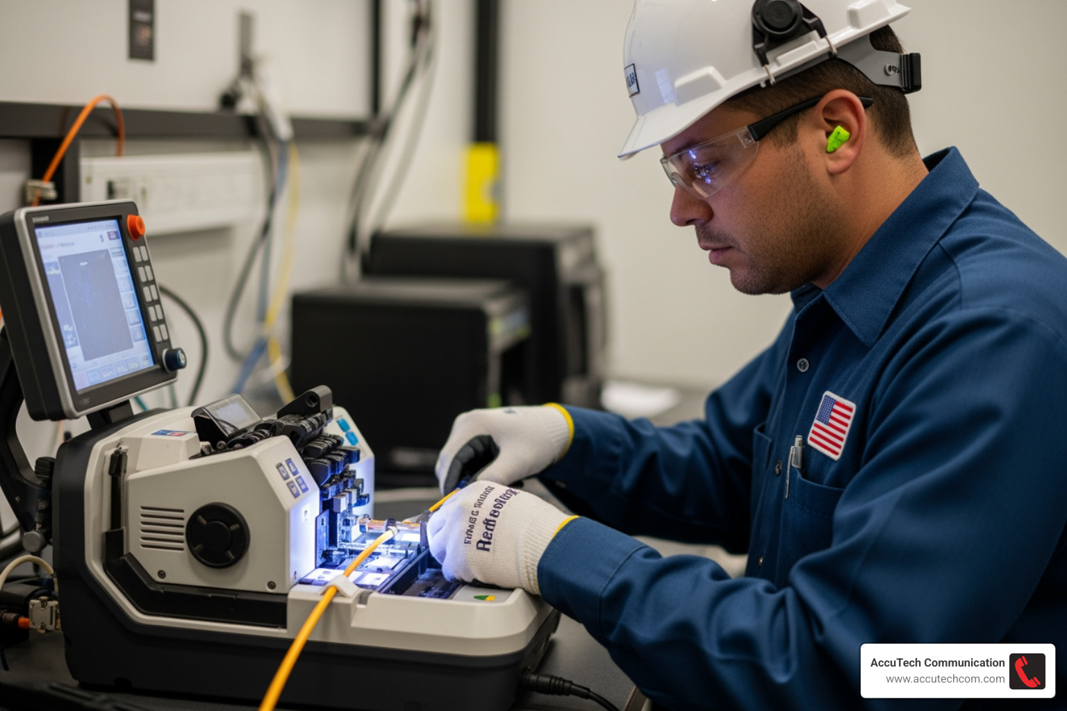 Technician performing fusion splicing on a fiber optic cable - what does a certified fiber optic technician do