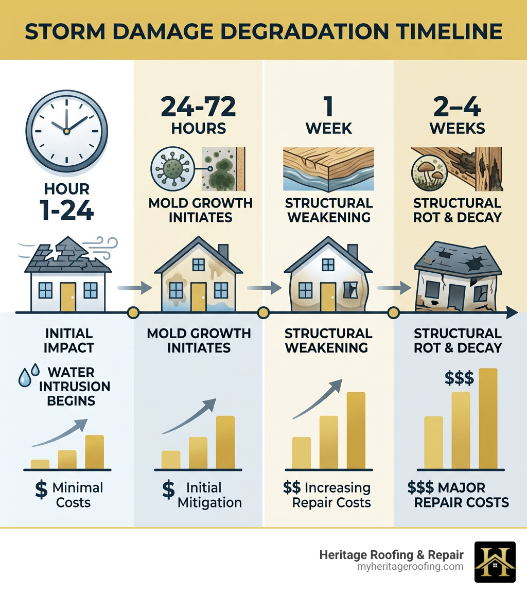 Timeline of storm damage degradation from hour 1 to week 4, showing mold growth, structural weakening, and cost escalation