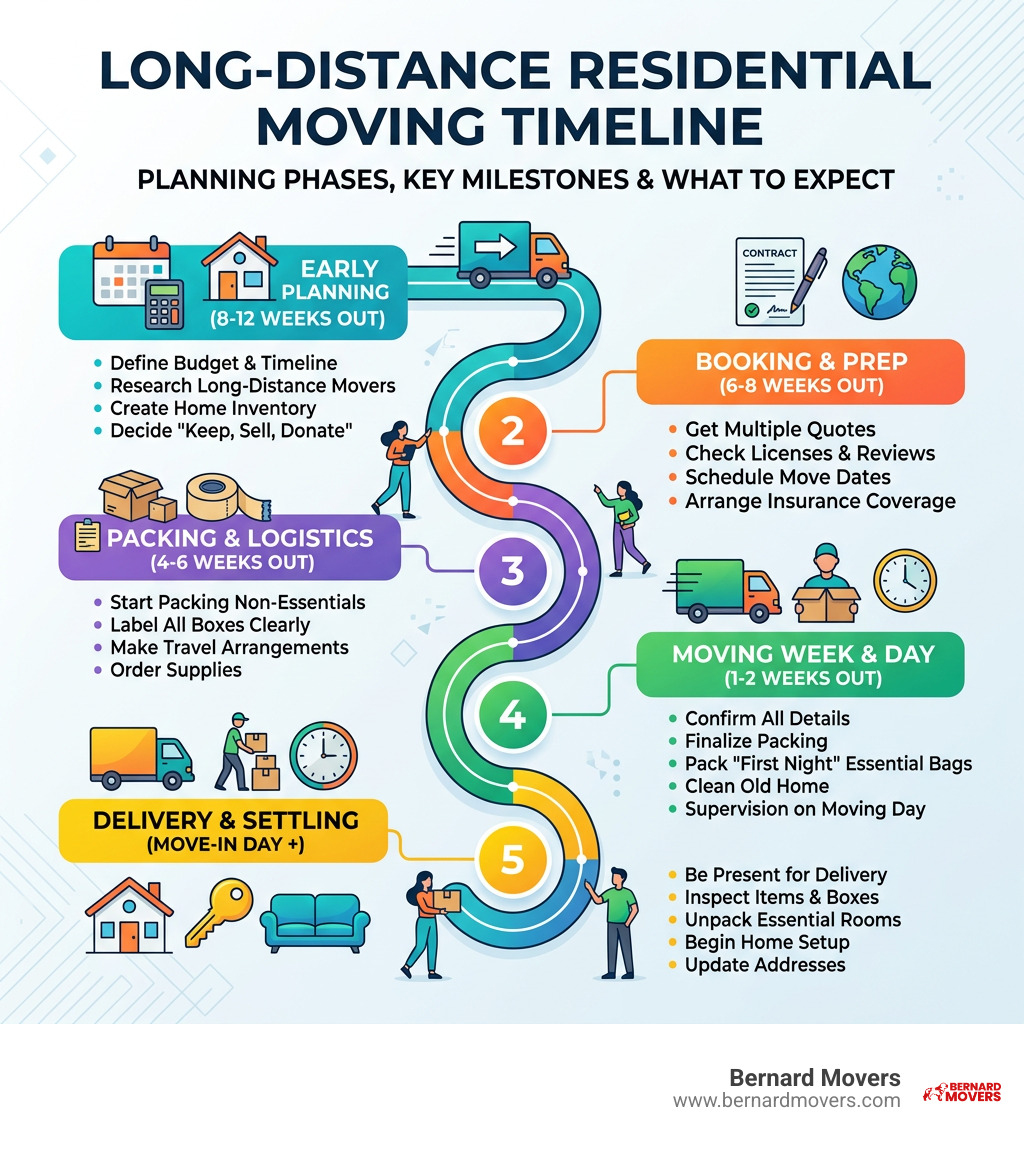 Long-distance residential moving timeline infographic: planning phases, key milestones, and what to expect - long distance Long-distance residential moving timeline infographic: planning phases, key milestones, and what to expect - long distance
