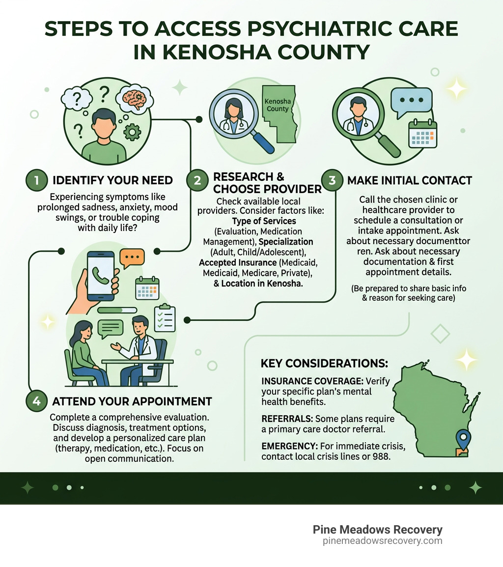 Steps to access psychiatric care in Kenosha County Wisconsin infographic - Psychiatric services Kenosha County infographic Steps to access psychiatric care in Kenosha County Wisconsin infographic - Psychiatric services Kenosha County infographic