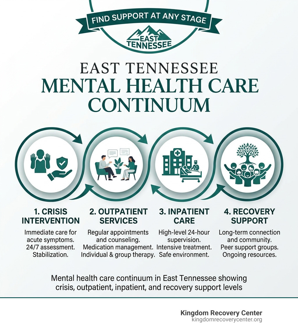 Mental health care continuum in East Tennessee showing crisis, outpatient, inpatient, and recovery support levels