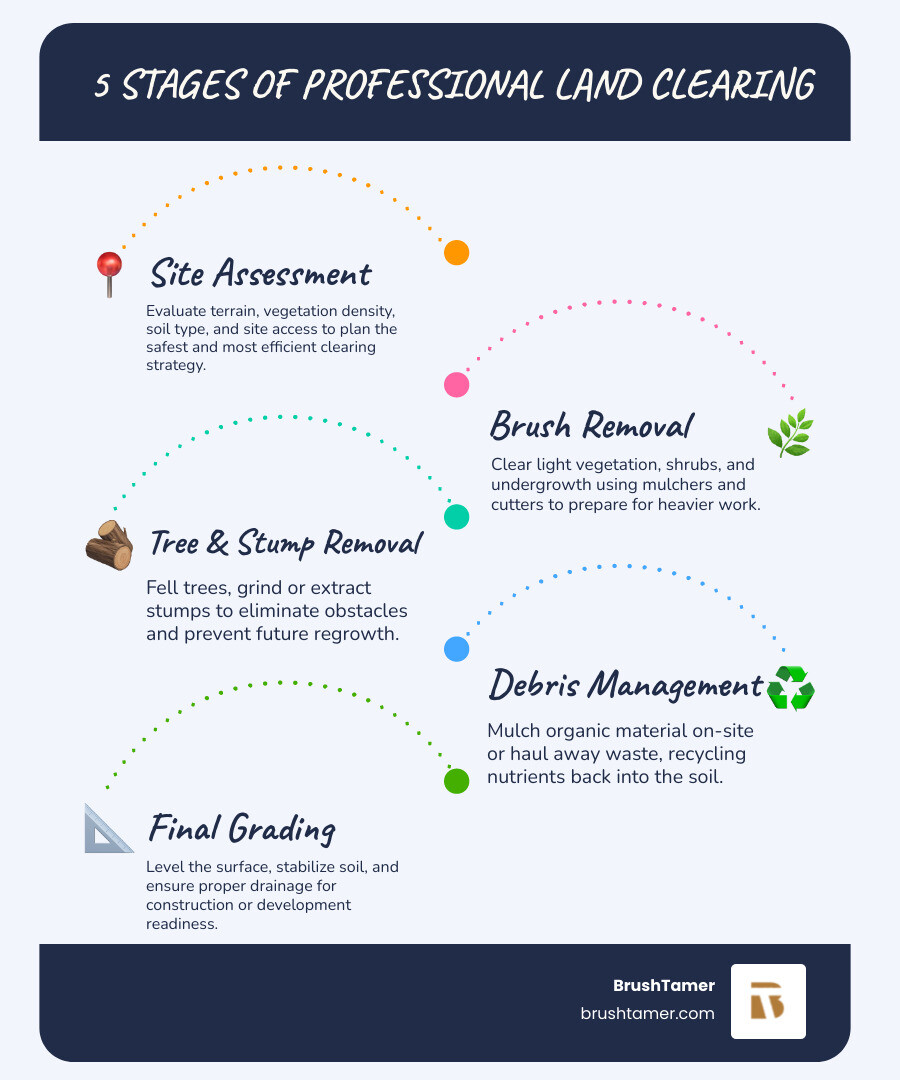 Infographic showing 5 stages of professional land clearing: site assessment, brush removal, tree and stump removal, debris Infographic showing 5 stages of professional land clearing: site assessment, brush removal, tree and stump removal, debris