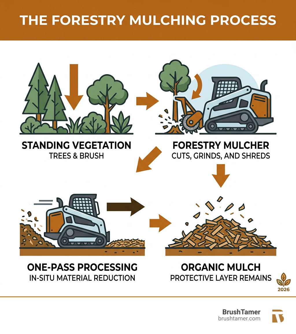 Infographic showing the forestry mulching process: standing timber to organic mulch on the ground - forest mulcher Infographic showing the forestry mulching process: standing timber to organic mulch on the ground - forest mulcher