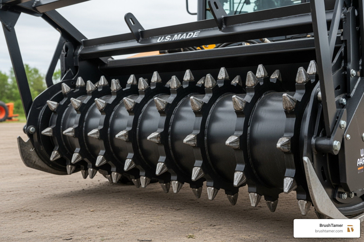 A close-up of a rotary mulching drum with sharp carbide teeth and a heavy-duty steel frame - forest mulcher A close-up of a rotary mulching drum with sharp carbide teeth and a heavy-duty steel frame - forest mulcher