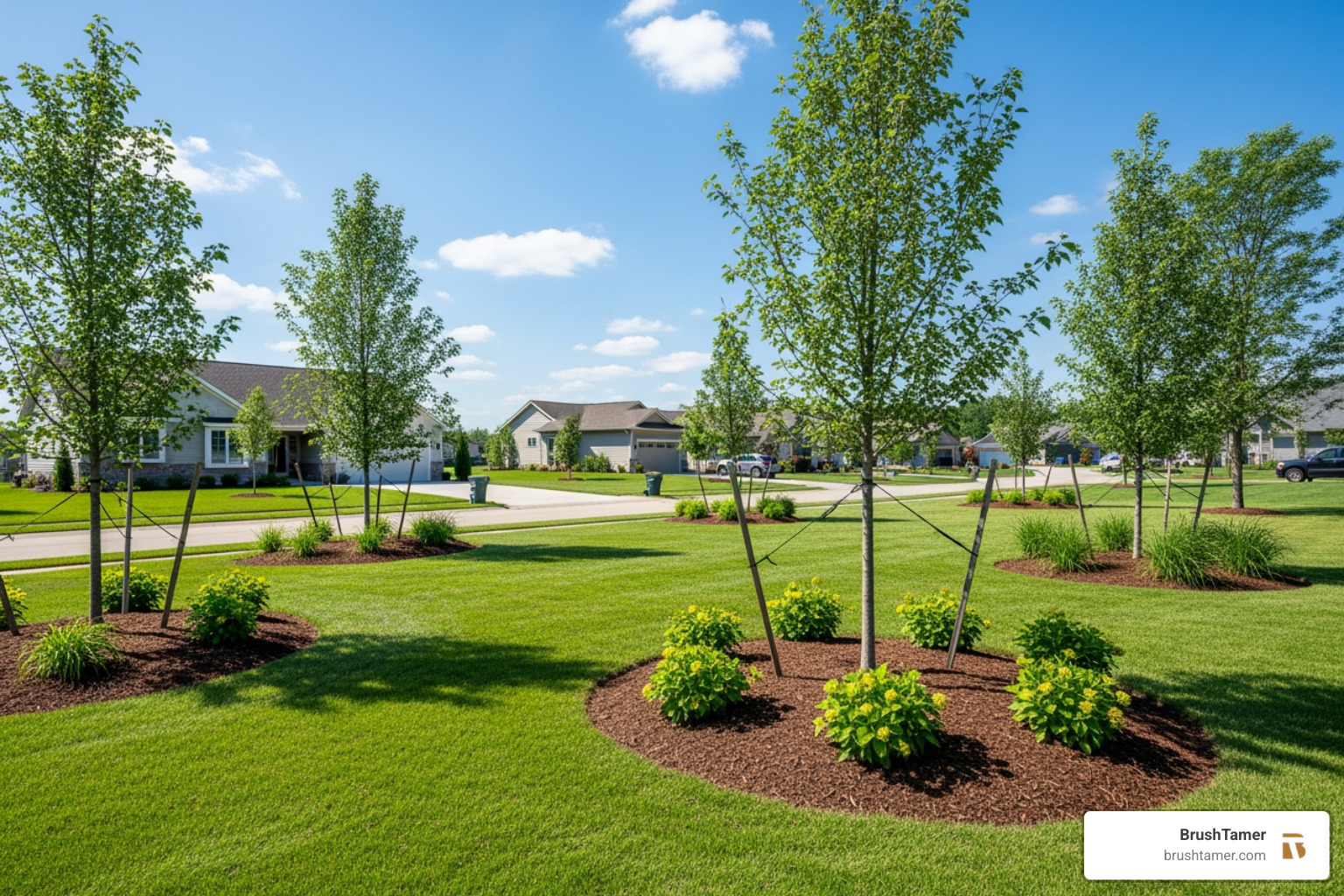 restored landscape with new plantings and cleared mulch beds - storm cleanup services