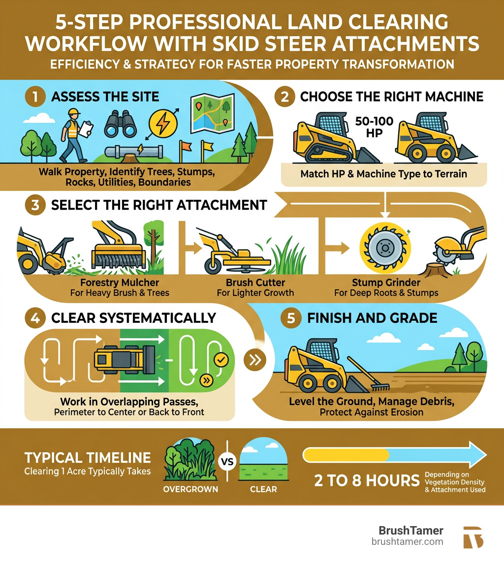 5-step professional land clearing workflow with skid steer attachments and timeline - using a skid steer to clear land