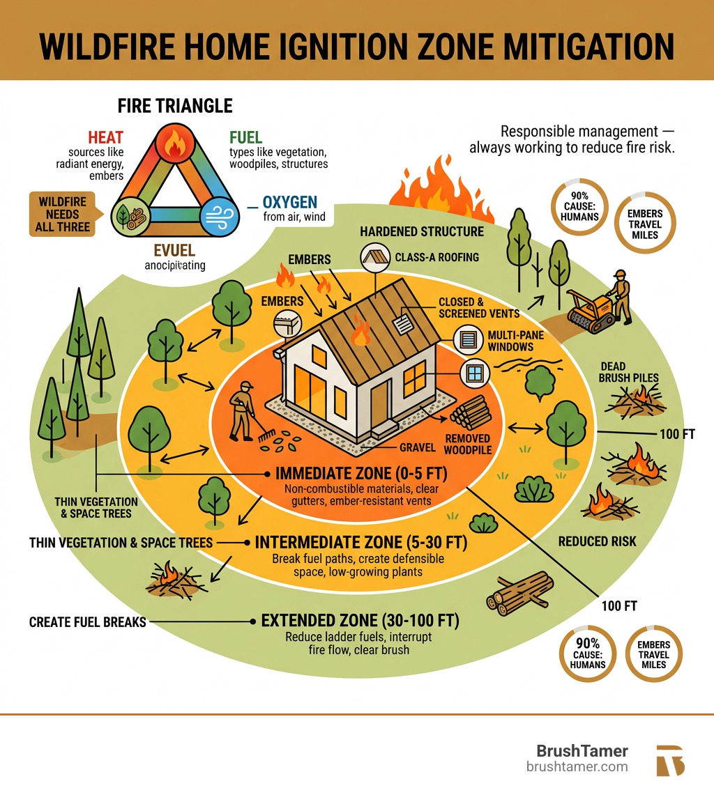 Infographic showing the Wildfire Home Ignition Zone with three zones and the Fire Triangle elements: heat fuel oxygen
