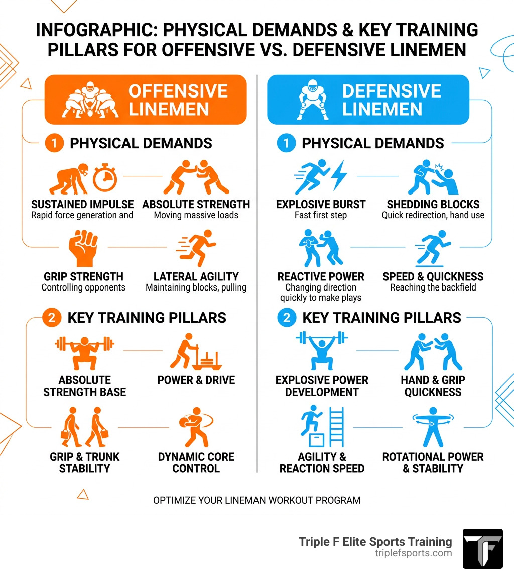 Infographic: physical demands and key training pillars for offensive vs. defensive linemen - Lineman workout program Infographic: physical demands and key training pillars for offensive vs. defensive linemen - Lineman workout program