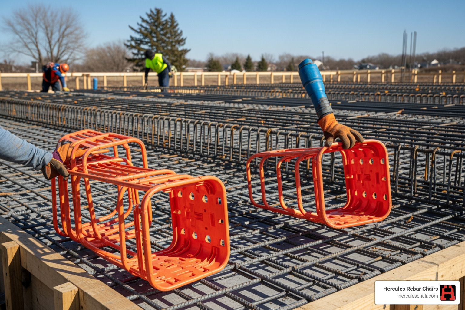 non-corrosive polypropylene chairs being laid out on a job site - plastic rebar chairs for sale