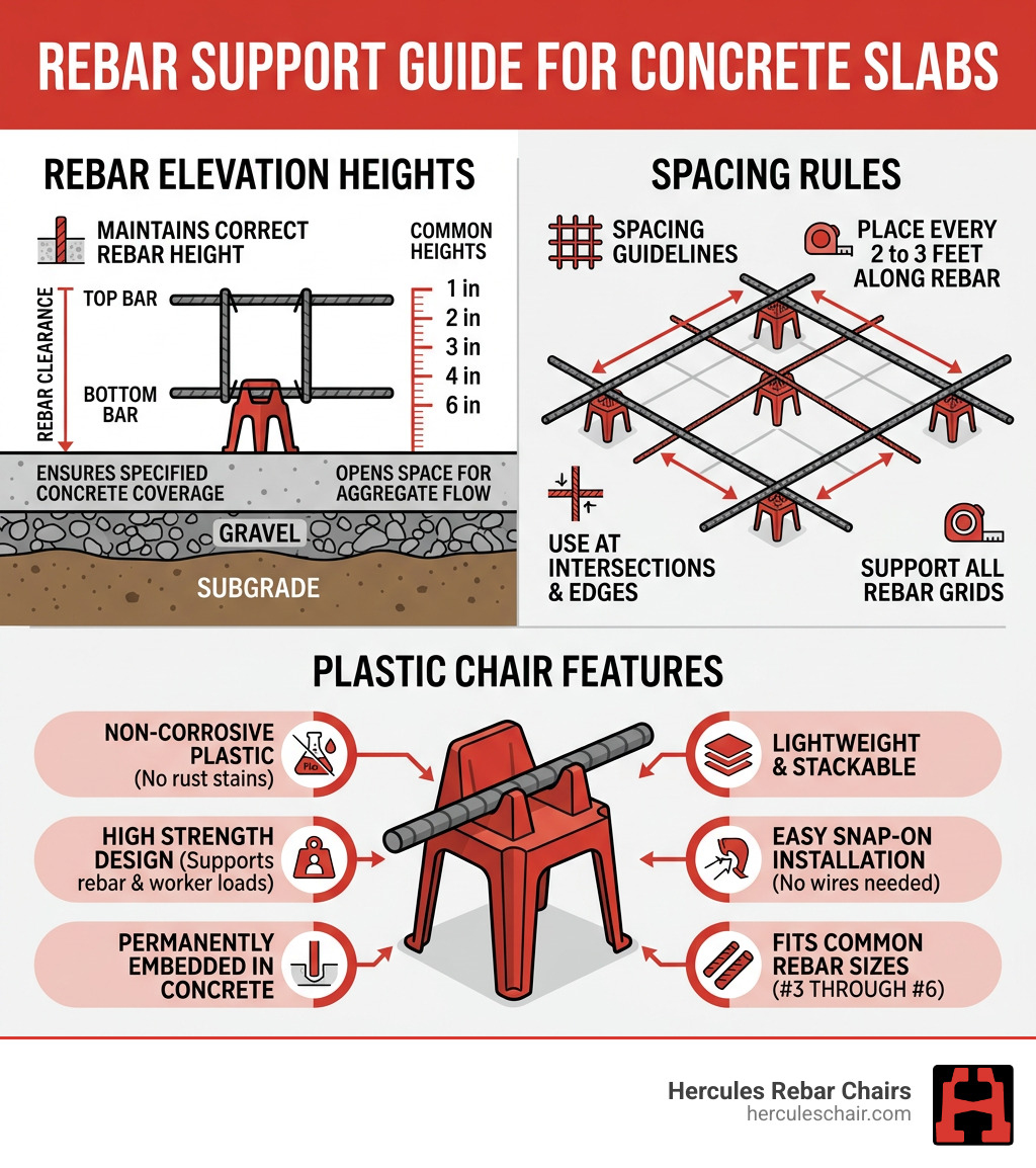 Infographic showing rebar elevation heights, spacing rules, and plastic chair features for concrete slabs - plastic rebar