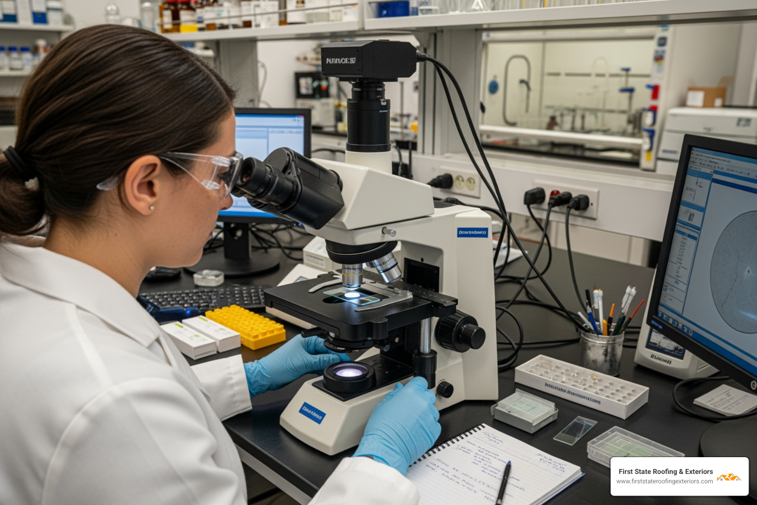 Laboratory technician performing a polarized light microscopy (PLM) test on a shingle sample - asbestos shingle replacement