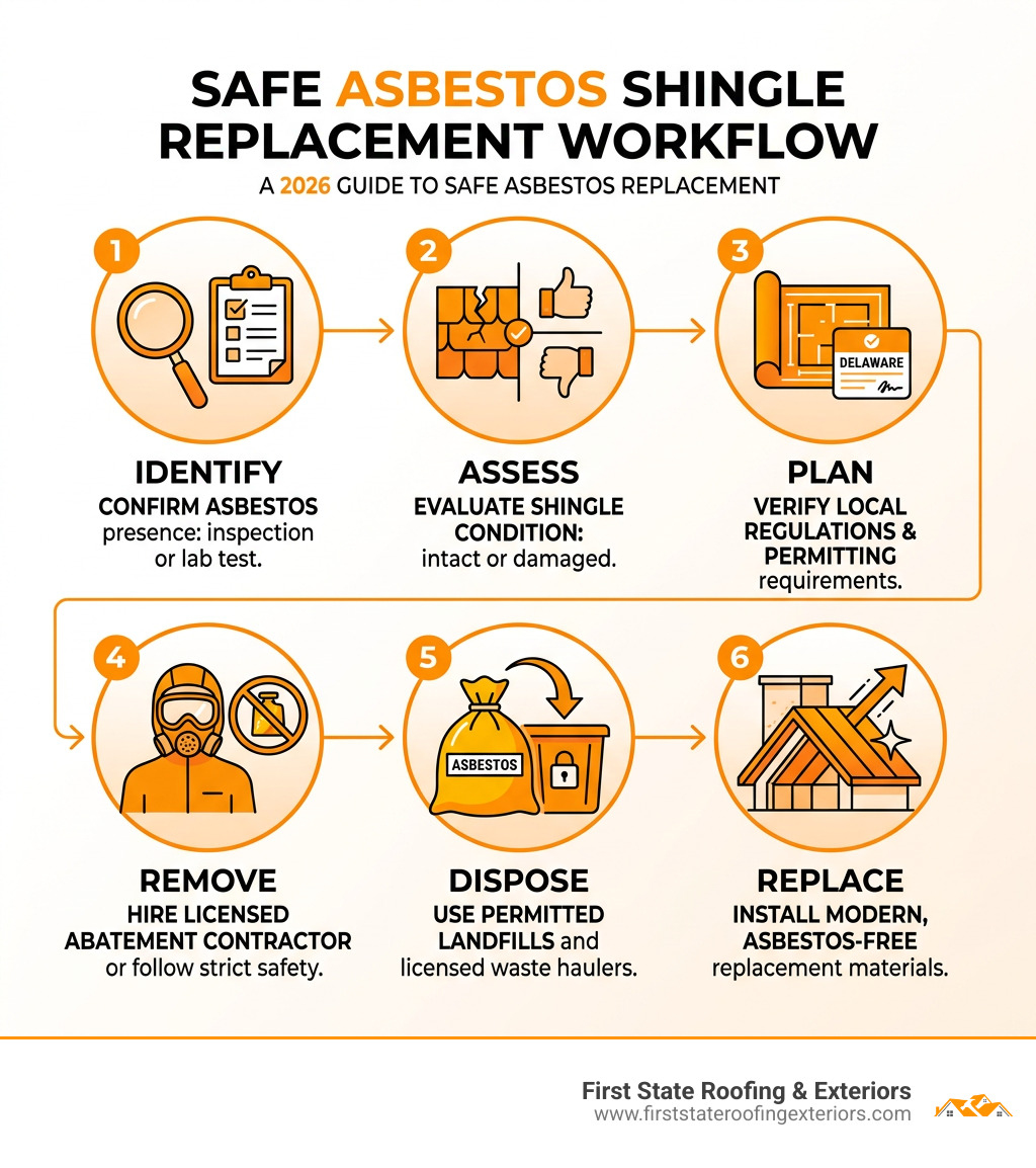 Infographic: Safe Asbestos Shingle Replacement Workflow — Identify, Assess, Plan, Remove, Dispose, Replace - asbestos