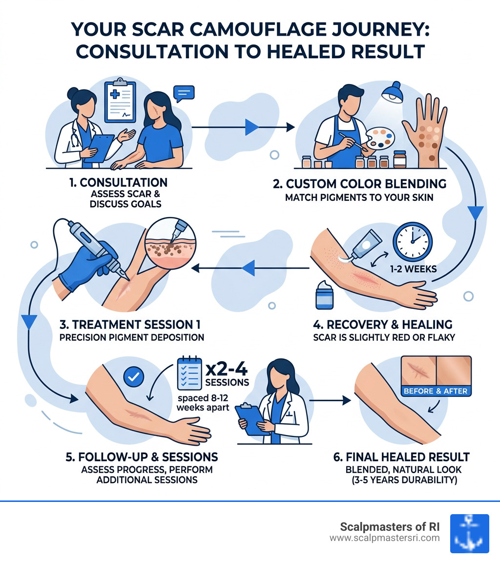 Infographic showing the scar camouflage journey from consultation to healed final result - permanent scar camouflage